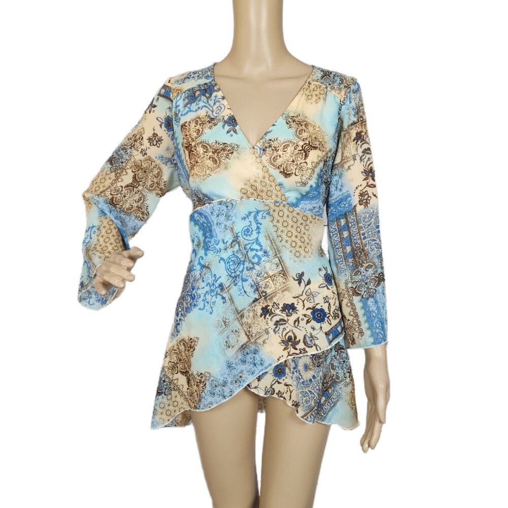 Vintage Y2K Sere Nade New York Blue Paisley Asymmetrical Tunic Top - NWT Large